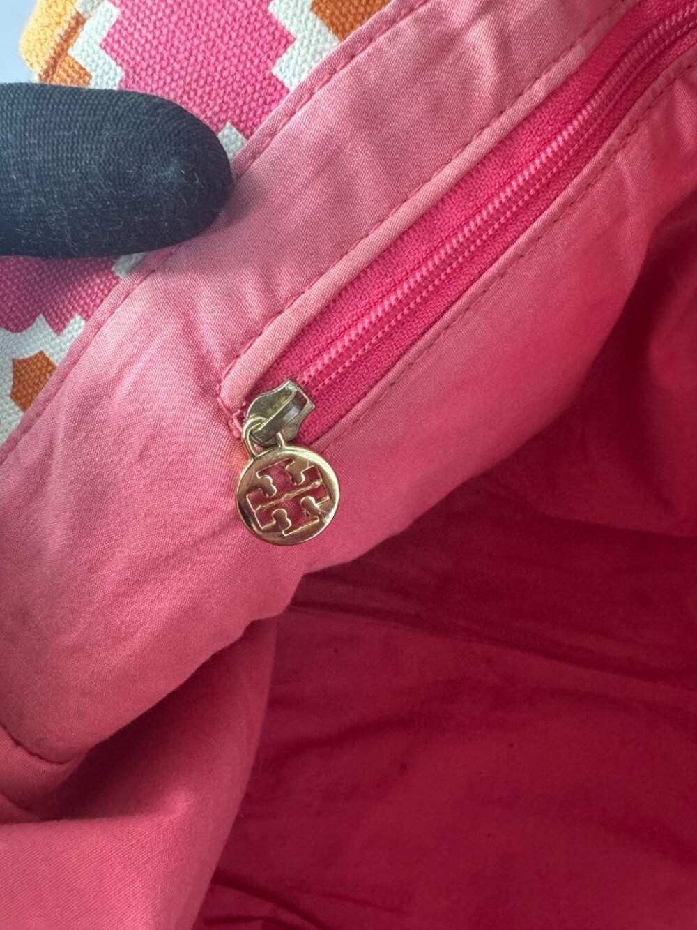 Tory Burch Orange/Pink Canvas w/Silver-tone Distressed Leather Large Tote Bag - Picture 12 of 15